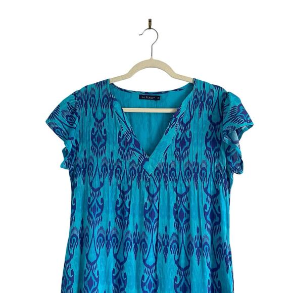 La Plage Bailey Tiered Maxi Dress Cotton Batik Leaf Blue coastal Boho Size XS - Picture 8 of 11